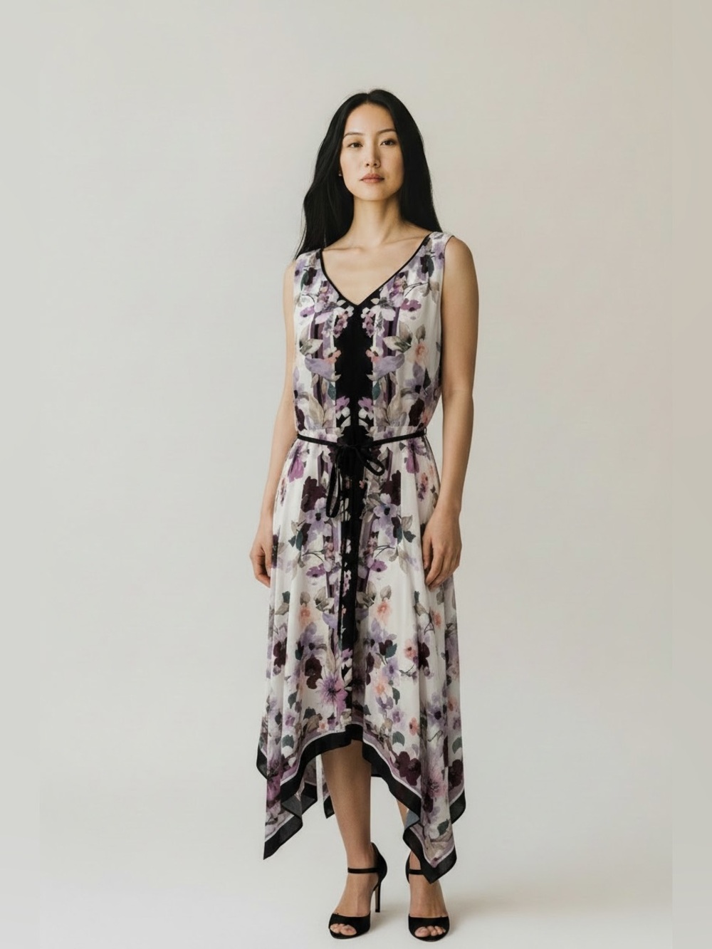 WHBM Handkerchief Hem Purple/White Floral Sleeveless Dress, Deep V Neck, 12